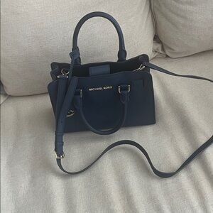 Michael Kors Navy Structured Satchel with Gold Details